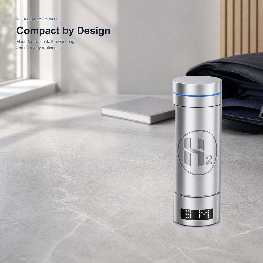Neravo P2 compact 260 ml bottle in a restrained workday setting