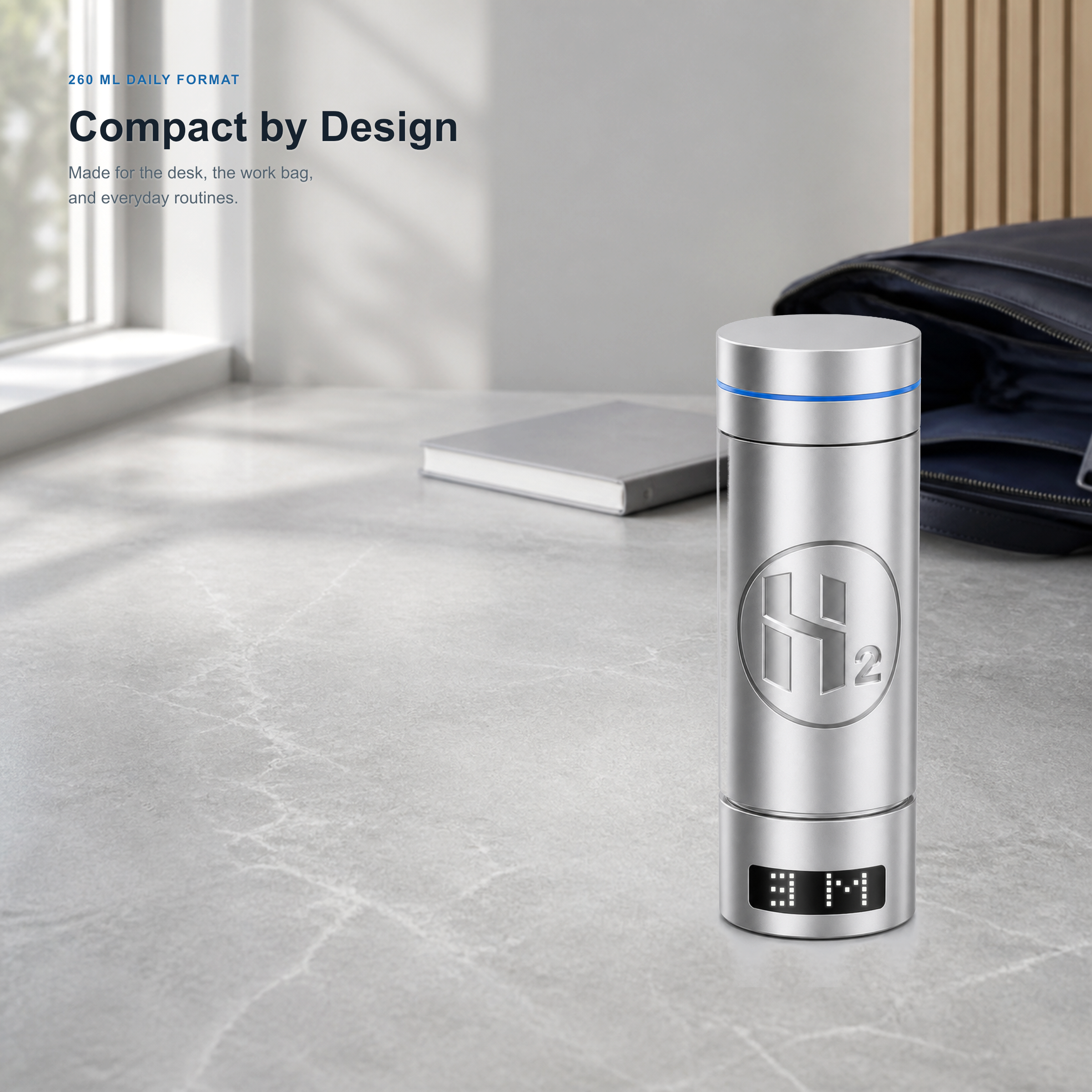 Neravo P2 compact 260 ml bottle in a restrained workday setting