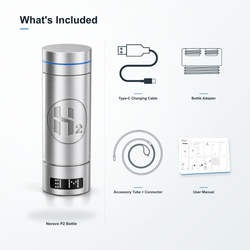 Neravo P2 bottle, Type-C cable, bottle adapter, accessory tube, connector, and manual