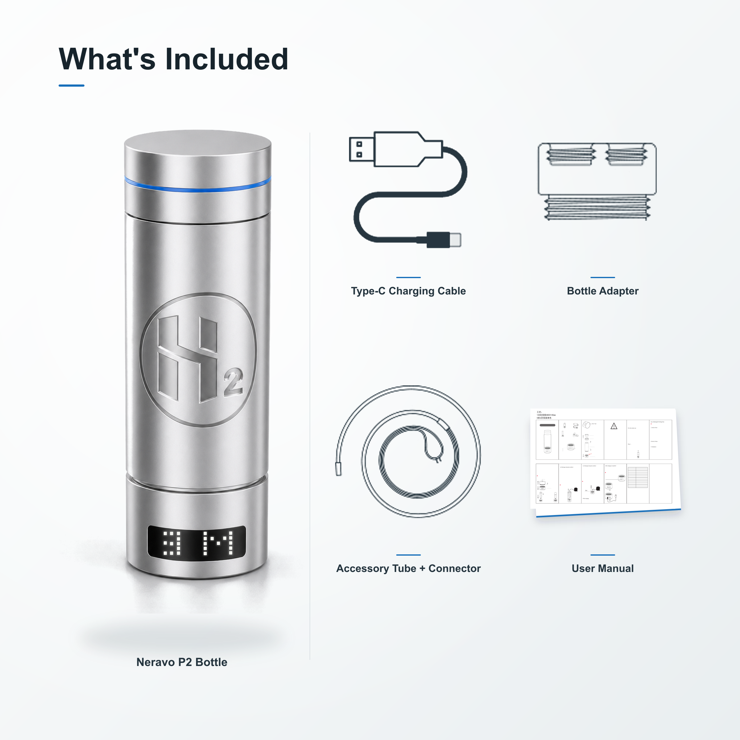 Neravo P2 bottle, Type-C cable, bottle adapter, accessory tube, connector, and manual