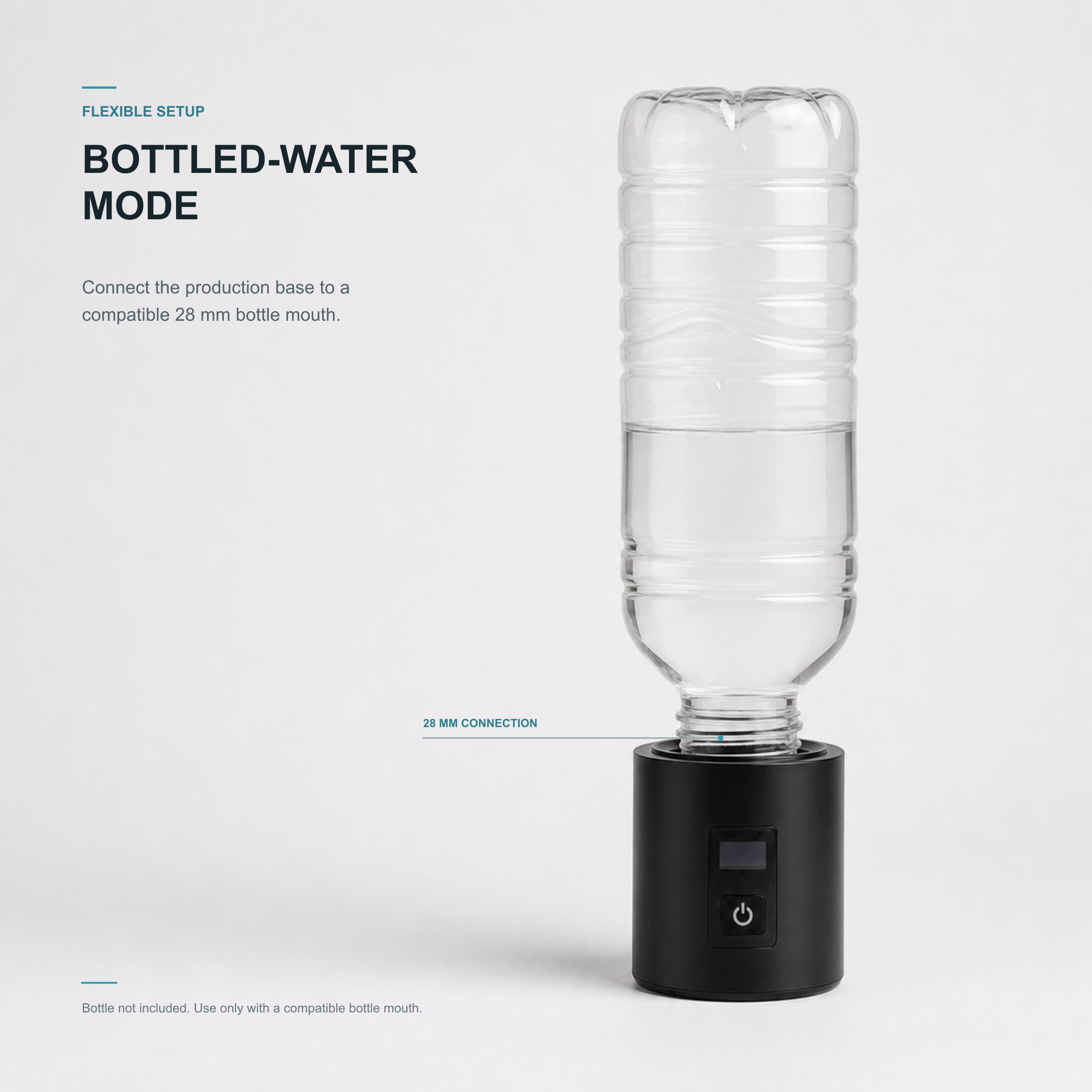 Neravo E1 production base connected to a compatible 28 mm water bottle