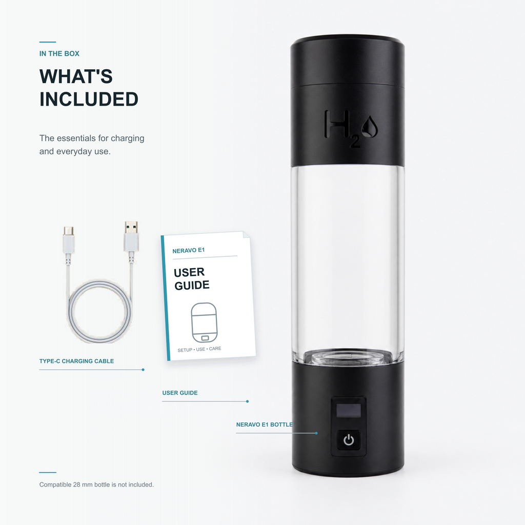 Neravo E1 bottle, Type-C charging cable, and user guide; compatible 28 mm bottle not included