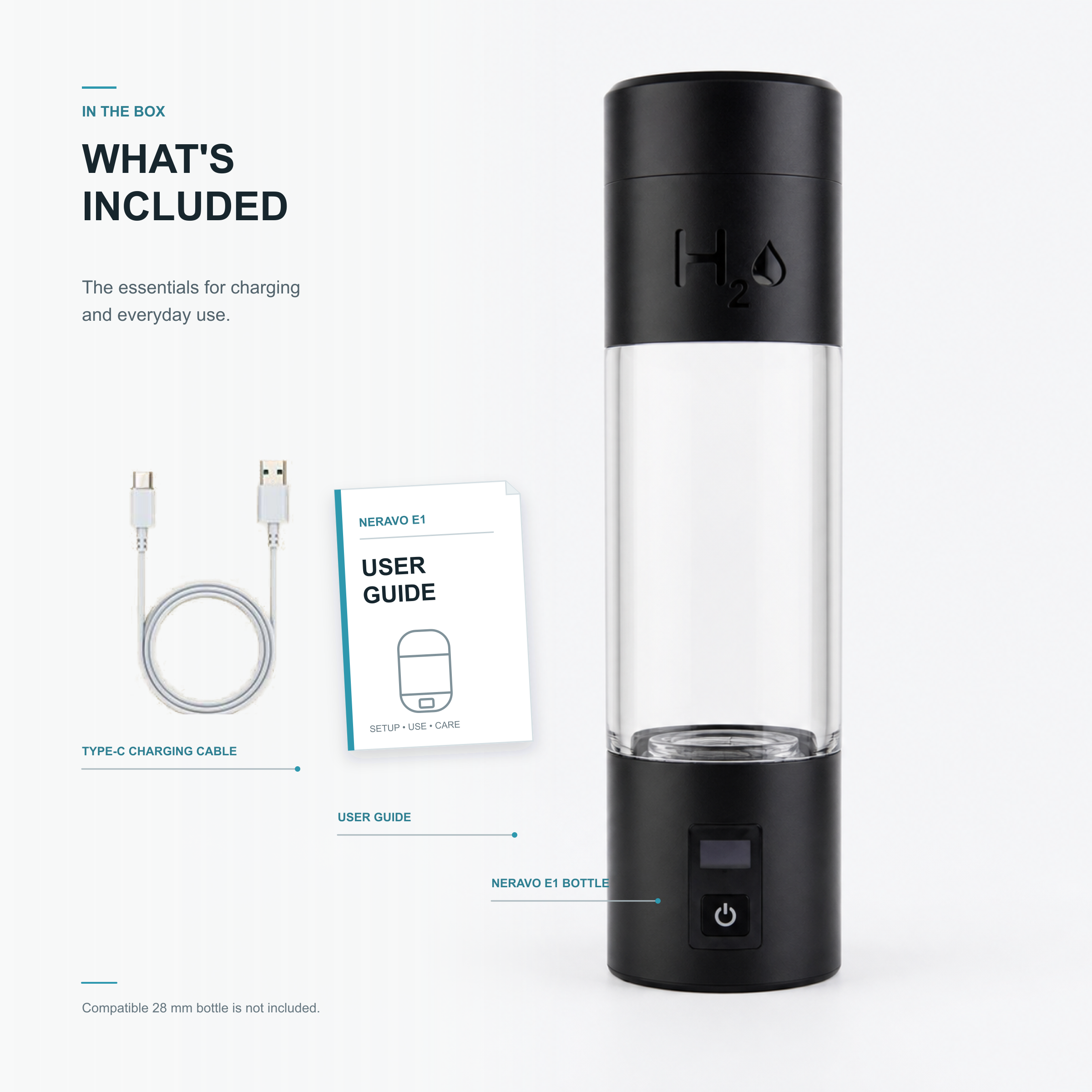 Neravo E1 bottle, Type-C charging cable, and user guide; compatible 28 mm bottle not included