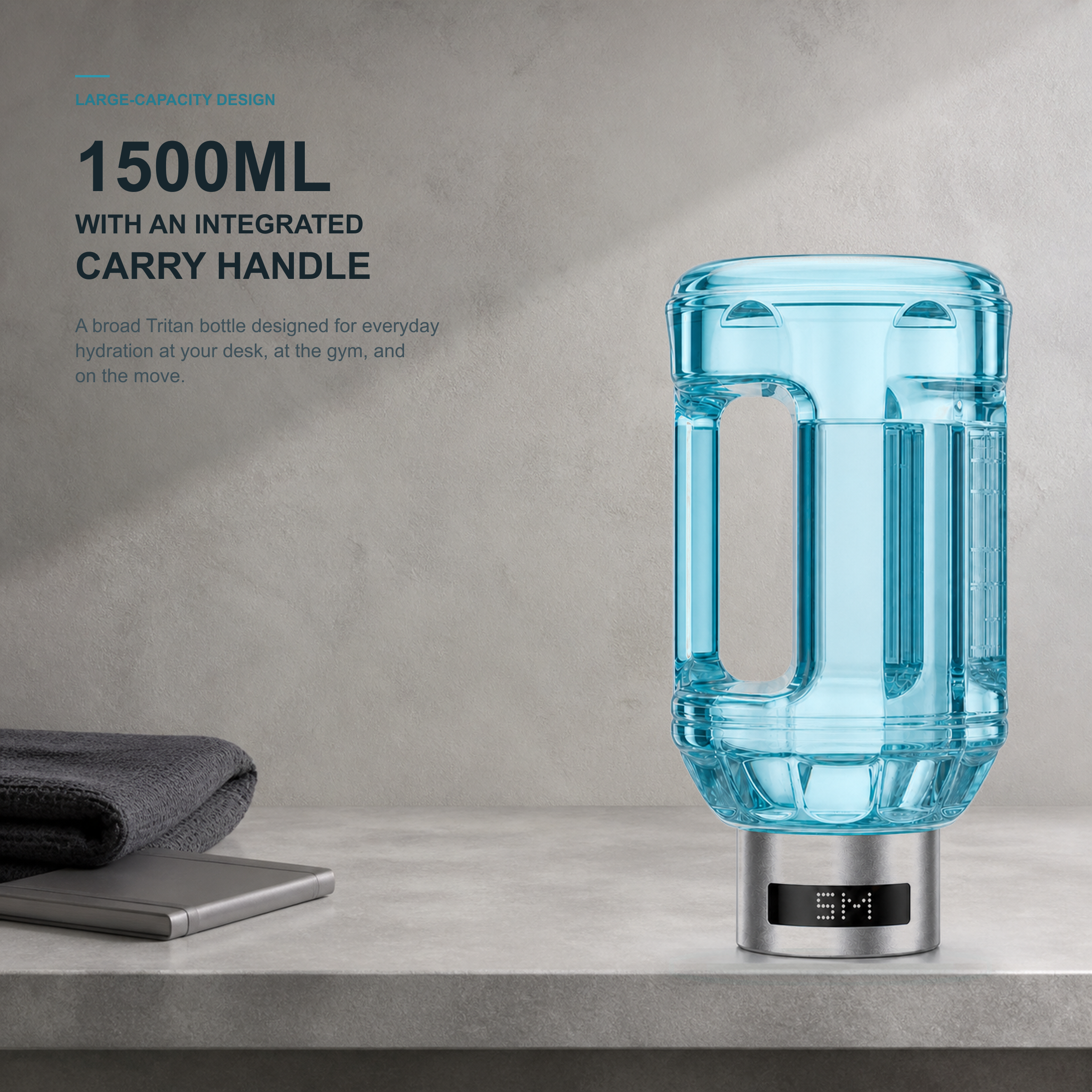 Neravo E2 1500 ml bottle with integrated carry handle in a restrained daily-use setting