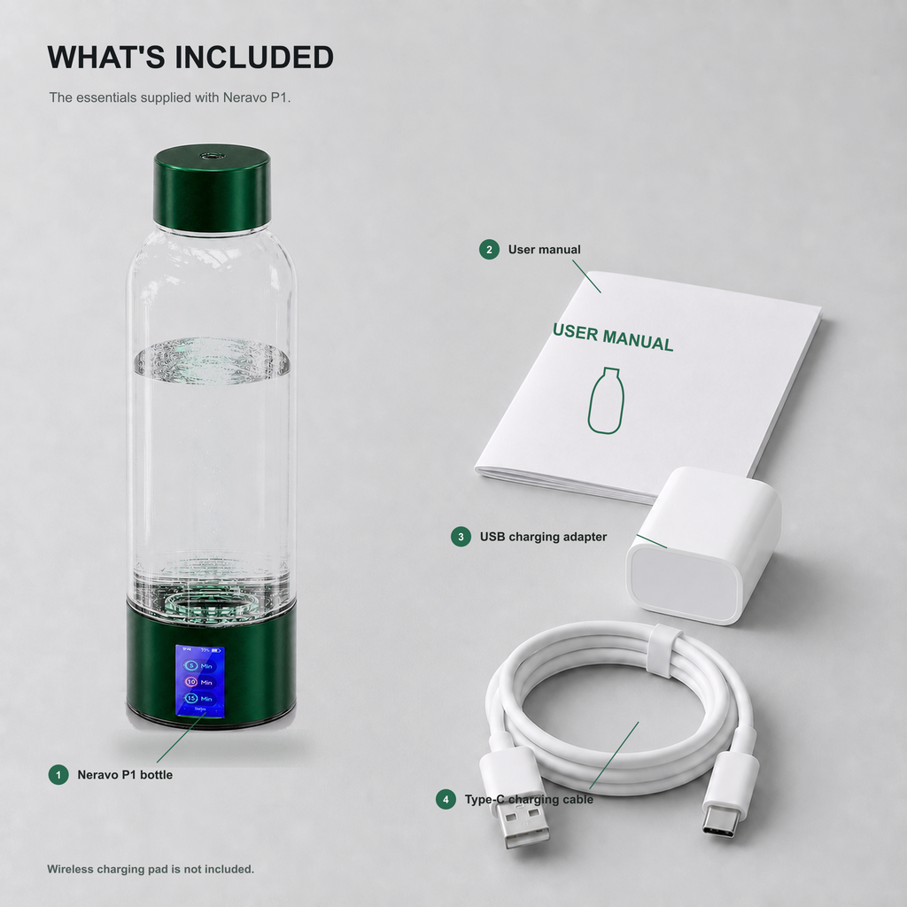 Neravo P1 bottle, Type-C charging cable, USB charging adapter, and user manual